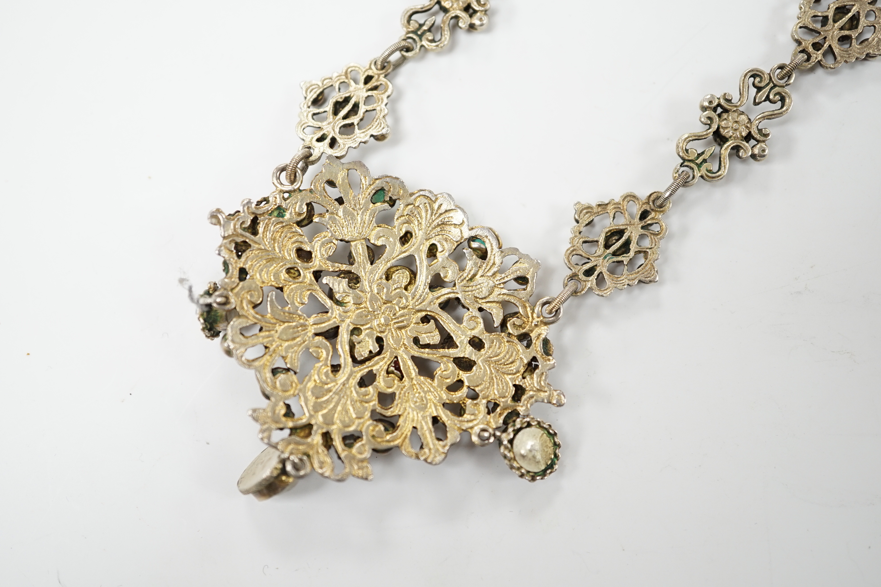 A 19th century Austro-Hungarian baroque pearl and gem set silver gilt necklace, 23cm